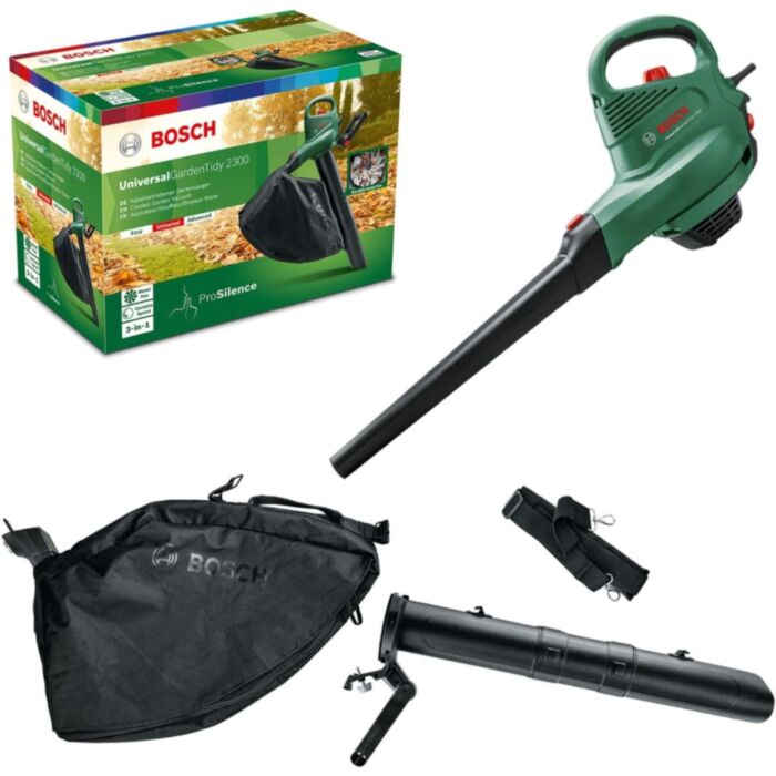 Bosch 06008B1072 Electric Leaf Blower and Vacuum UniversalGardenTidy 2300 (2300 W, collection bag 45 l, variable speed, for blowing, vacuuming and shredding leaves, in carton packaging)